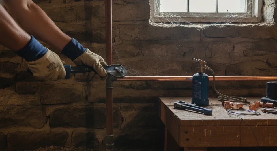 Plumber replacing an old galvanized water line with copper in the basement of a century brick house in Cambridge, Ontario